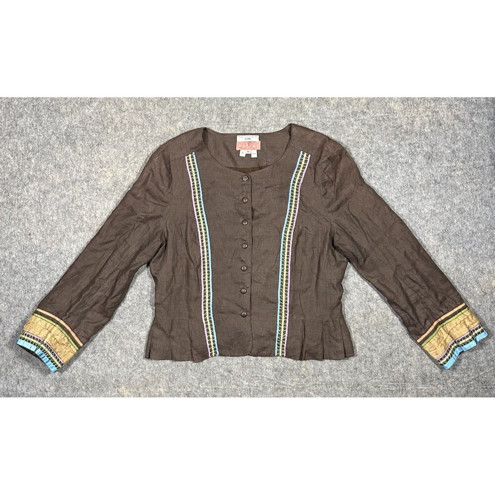 Pazuki Linen Button Up Blouse Women’s M Brown Embroidery Pleated Shirt Top Boho